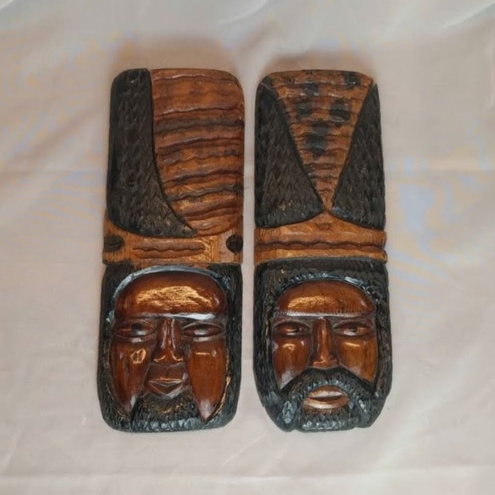 Tribal Carved Wooden Art Face Wall Hanging Home Decor Pair of 2